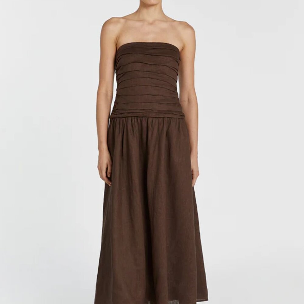 CATANIA BITTER CHOC LINEN STRAPLESS MIDI DRESS BRAND NEW